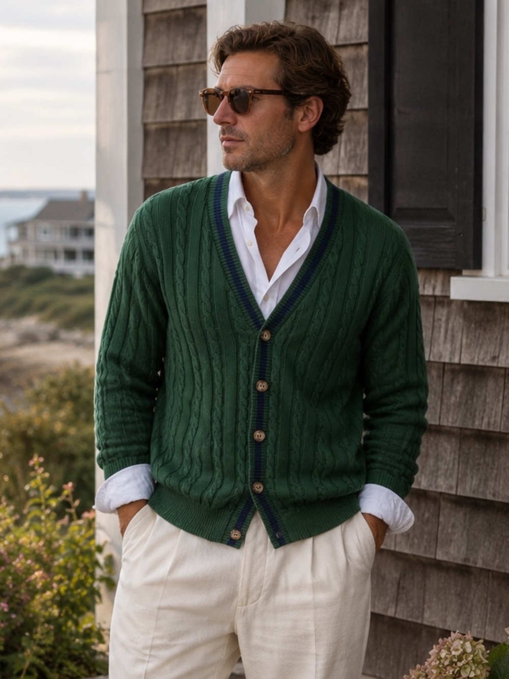 Cable Knit Cardigan Green 100% Cotton Canada Coastal Grandpa Academia Old Money